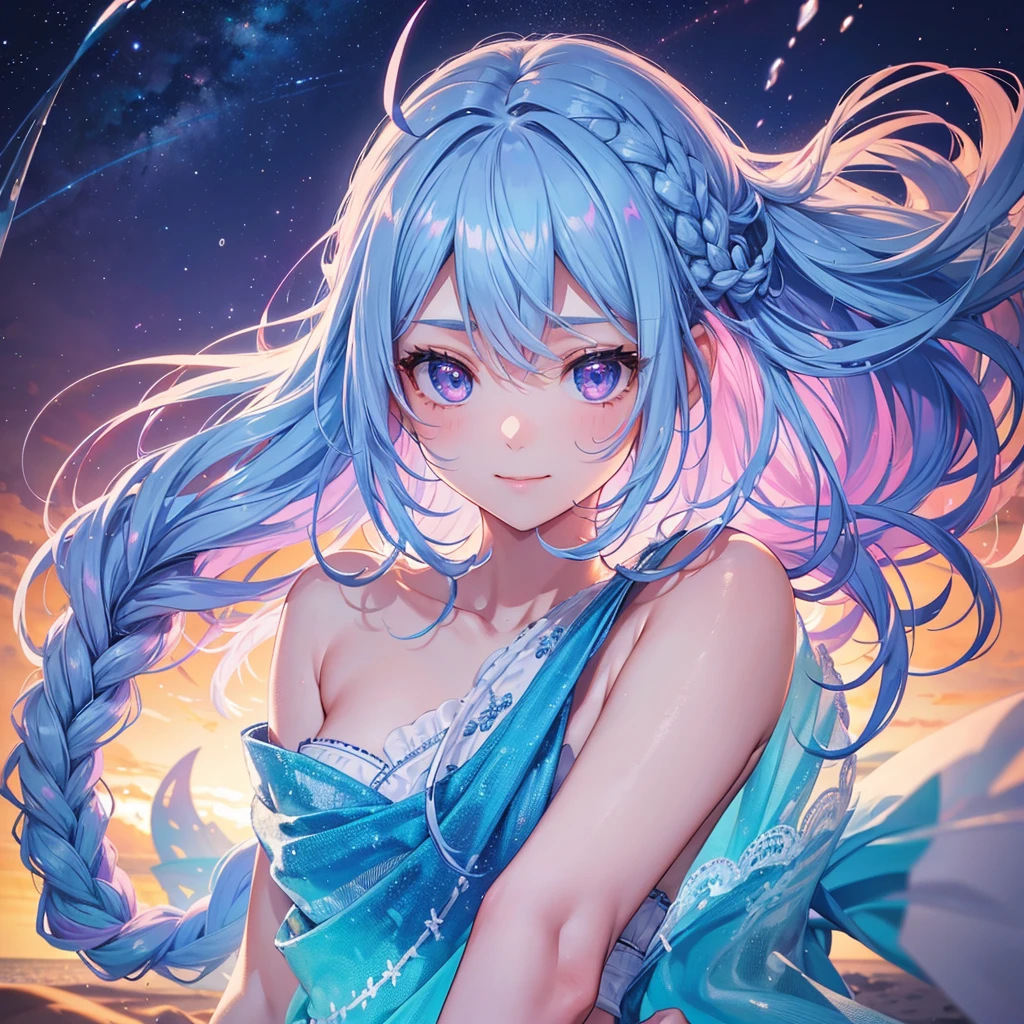 (Sky blue one braid hair),Magenta eyes,Fair skin ,(whole body),(One girl),比基尼,Sparkling white sand beach in midsummer,Ocean,happy smile,,(masterpiece, Highest quality, Very detailed, Best Shadow), (Detailed Background), (Beautifully detailed face), High Contrast, (Best lighting, Very delicate and beautiful), ((Cinematic Light)), colorful, Hyper Detail, Dramatic Light, Intricate details,