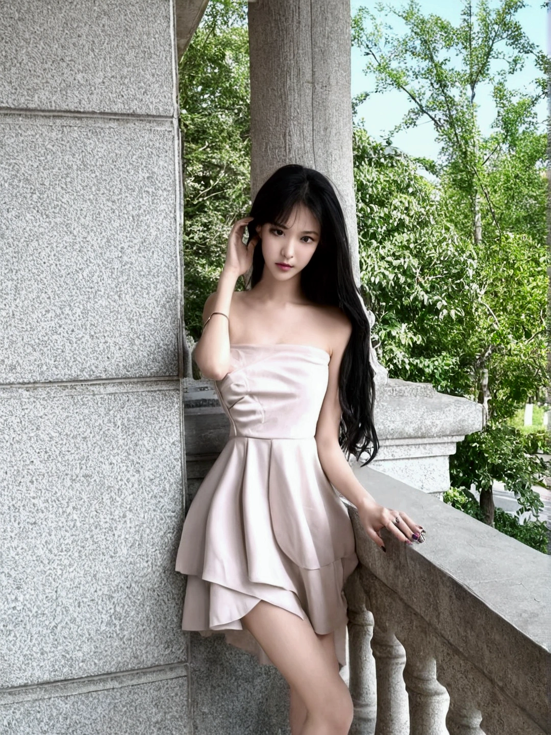 Woman in short skirt leaning against wall, Tube Top Dress, wearing an elegant dress, monochrome,sketch,Black and White,pencil drawing,