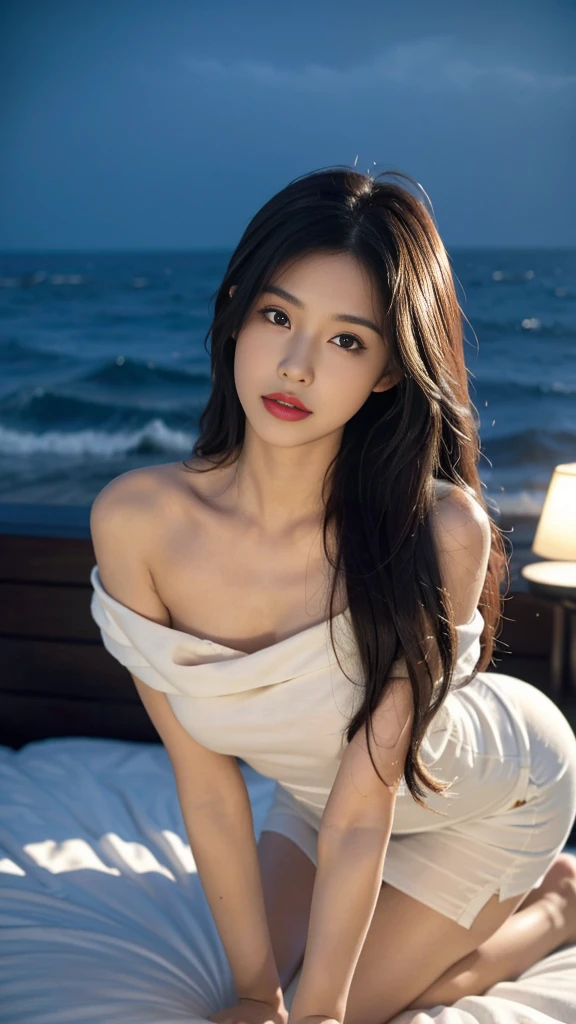 towards the camera，put a face to the viewer，stand on all fours，High image quality，works of masters，daughter，black hair，long hair shawl，long hair flowing over shoulders，cropped shoulder，clavicle，exquisite face，moist red lips，white dress，clavicle，towards the camera，Single photo，hosiery，sad expression，bust，real person，（ocean，sandy beach），CG rendering，16,000，lying in bed，Put your hands behind your head.，look into the camera，The night scenery was beautiful, farewell，hyper hd，The details were perfect，the picture is real，Extreme picture quality，Highest accuracy，8K 해상도，shade of darkness，8K, yes ,Ultra HD,8K