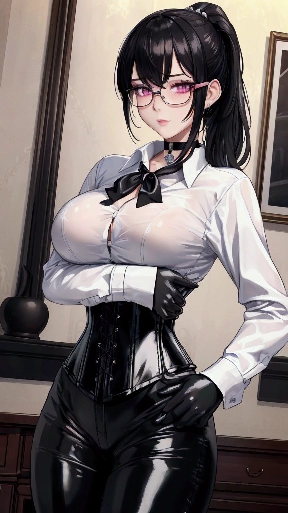 Masterpiece, Beautiful art, professional artist, 8k, Very detailed face, Detailed clothing, detailed fabric, 1 girl, View from the front, standing, crossed arms, pose sexy, BIG BREASTS, perfectly drawn body, shy expression, pale skin, beautiful face, black hair short ponytail, 4k eyes, very detailed eyes, pink cheeks, glasses, choker:1.6, (white long sleeve button down shirt with white collar), black gloves, gloves that cover hands, (black leather corset), (shiny black leggings), Sensual Lips, show details in the eyes, Elegant living room,  At night