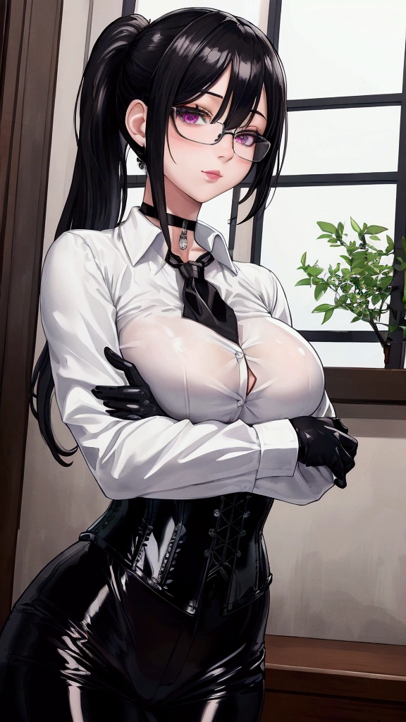 Masterpiece, Beautiful art, professional artist, 8k, Very detailed face, Detailed clothing, detailed fabric, 1 girl, View from the front, standing, crossed arms, pose sexy, BIG BREASTS, perfectly drawn body, shy expression, pale skin, beautiful face, black hair short ponytail, 4k eyes, very detailed eyes, pink cheeks, glasses, choker:1.6, (white long sleeve button down shirt with white collar), black gloves, gloves that cover hands, (black leather corset), (shiny black leggings), Sensual Lips, show details in the eyes, Elegant living room, At night