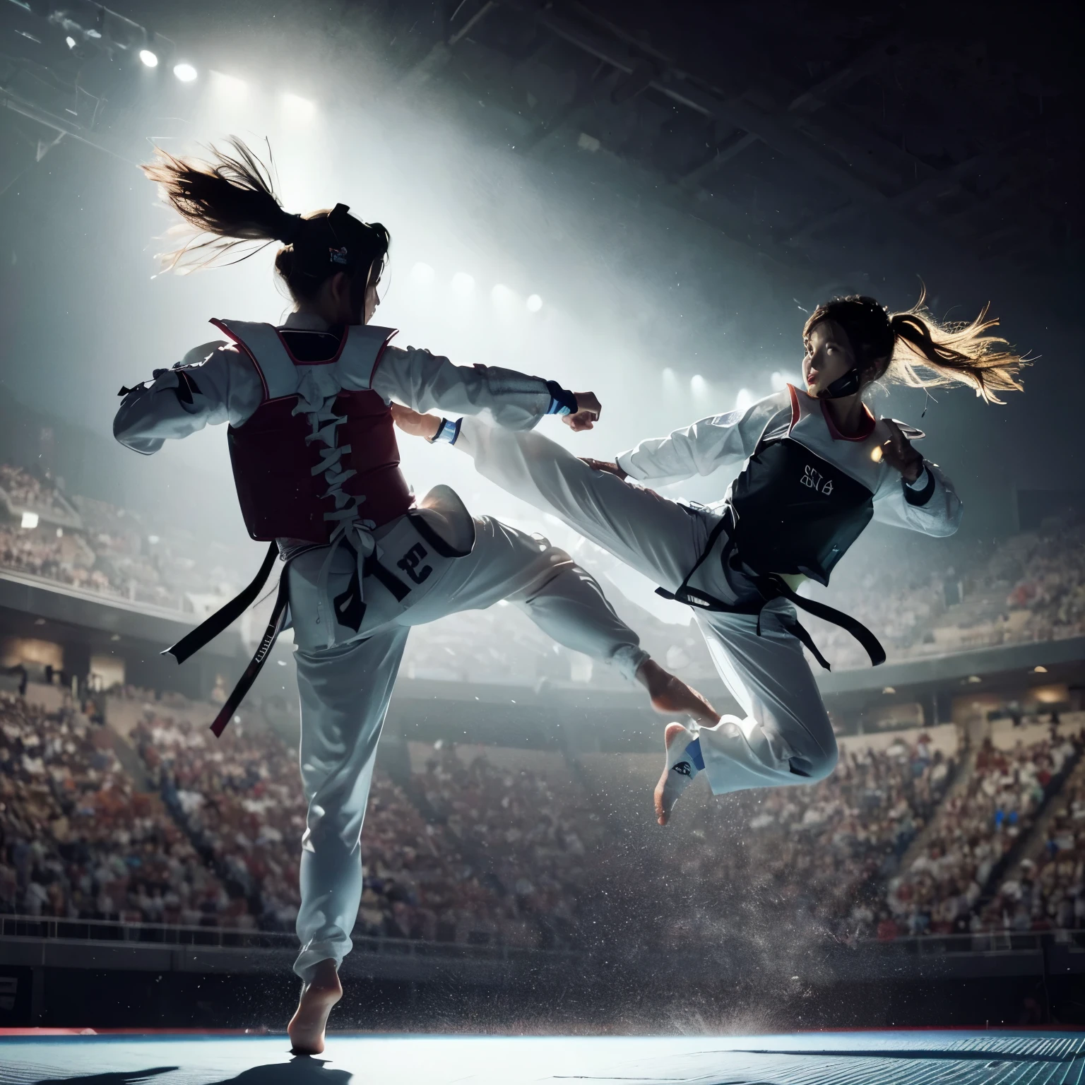 ((very sharp photo result, hyper realistic photo)) (((Best Quality))), (((masterpiece))), (((Ultra-detailed CG))),(((magical ))) scenery moment detail artistic sport photography, dramatic expressive moment on olympic stadium, watching & cheers by spectators (face & clothes details) detail of the two girl taekwondo athlete on fight, they show the technique of kick, wearing body & head protector, they both sweaty, capturing epic moments, dramatic light from stadium lamp, tension moment, located on detailed olympic stadium level, they stand on the match field with dramatic shadow lights, close up tight shoot, 8k