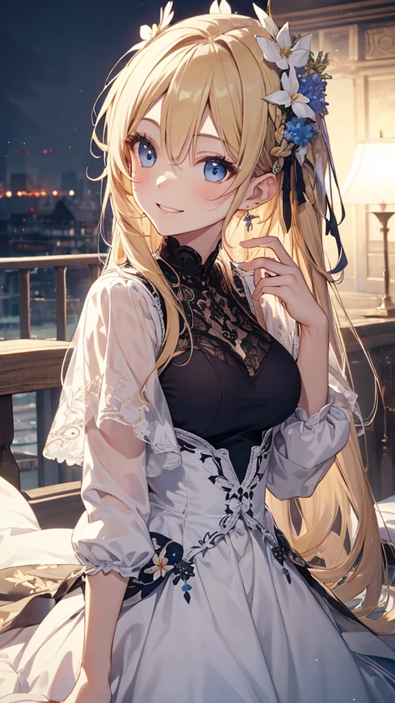 masterpiece、Highest quality、High resolution、High-quality images、8K, -yeld giSkin Radiance、Texture of skin and clothing、Expression of fine eyes、Sparkling blonde,Long Hair Girl, Calm illustration、dress, Beautiful light blue eyes, Fuller lips, Gorgeous face with attention to detail, (Cute Smile), charm, Innocent, Side view, (Perfectly detailed face), (Beautiful Hands) Photorealistic images, Written boundary depth, flower、sun、Big Breasts、Valkyrie'feather、garden、Lakeside、Feather ornament