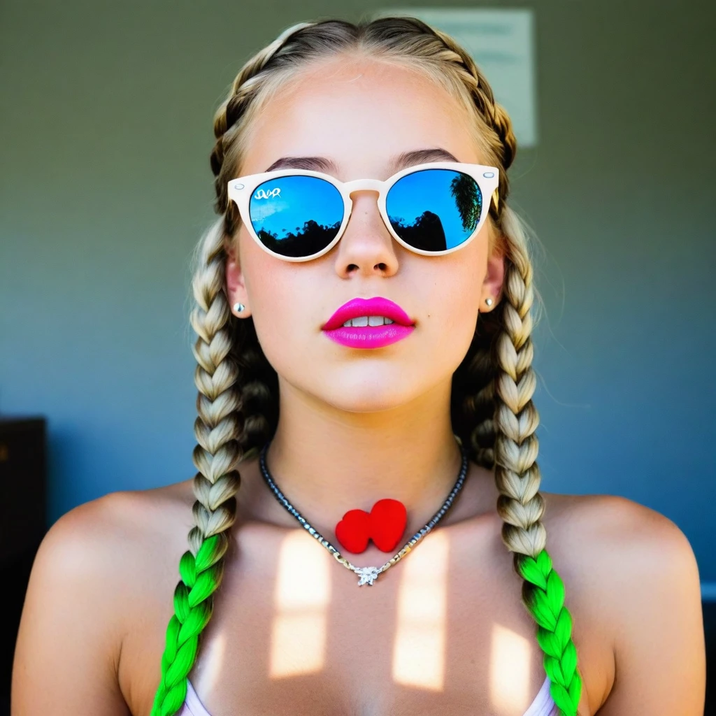 beautiful teenager,  , blond hair, small-nose, steep nose, athletic body, cloused mouth, perfect face, perfect ass, short in stature, Breasts huge, light halos, props, piercings, wristbands, braceletes, garter, necklace, braids, turned up ass, showing ass, school AT background, Nude, location usa, WEED, Nude, NEON, mirrored sunglass, sexy mouth
