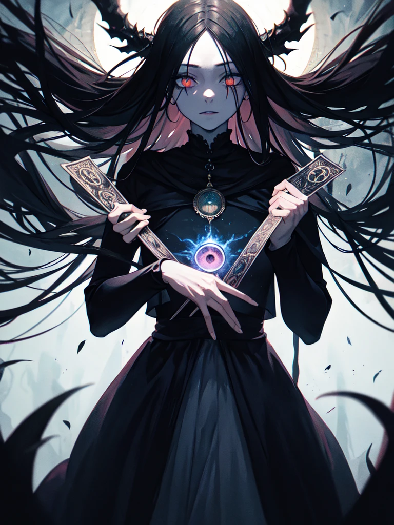 tarot card, full body, Artistic elements add depth to the work. The overall atmosphere is creepy and nightmarish..., With a unique artistic touch. This movie is、The dark and crazy world of horror movies depicted in HD., Evoke visual stimuli and aesthetic sense, It will terrify and excite the audience....,watercolor画, （Lightless, Eyes without highlights, Evil Eye, A bad looking person with white eyes, It&#39;s a red eyeliner）,whole body絵, Wearing a maid outfit and （Gradient braided hair, (Light purple hair), (Ink blotches:1.1), (pale:1.2),(Light purple:1.2),(Light green:1.2)　and a mature face,tall, Wearing black tights,Green Eyes, The skin is hidden　and maid, The background is a dark and desolate landscape, Horror movie atmosphere. Her figure is extremely beautiful, Emphasizing the dark and crazy elements. Skillfully expressing the effects of light and shadow, detailed, The face and expression of the black costume are also carefully drawn...,sketch (Character design sheet, same characters, whole body, Three-View, front, ~ ~ ~ side, return) and 1 female, Nervous,Cowboy Shot,,(Very bright:1.1), White Background, [1 Girl:7], (Tilt your head:1.2), ([sketch|watercolor \(Moderate\)]:1.15),Chaotic Abstract