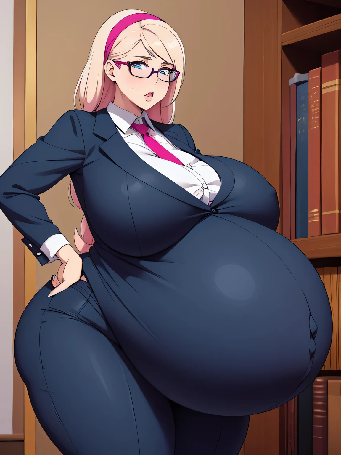 1 girls, (((bimbo))), ((pregnant)) ((massive breasts)), huge butt, puffy lips, (plump lips), big lips, blushing, nsfw, thick thighs, wide hips, ((secretary outfit)), tight clothes, glasses