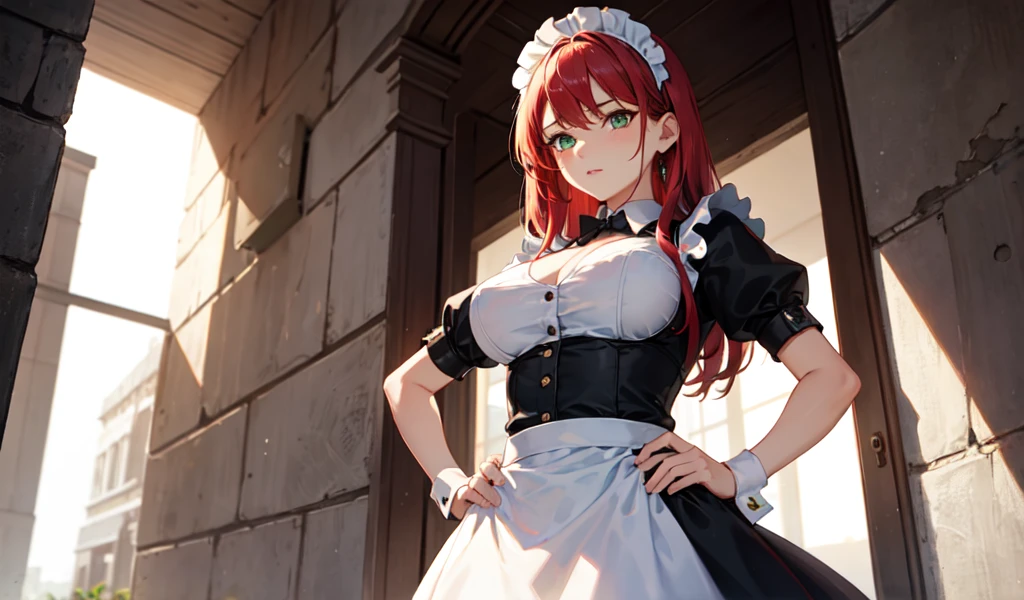 ((best quality)), ((masterpiece)), (detailed), 1girl, Beautiful and stylish maid in a bit of trouble,Angle from directly below,Hands on hips,Very attractive,Red hair,Beautiful green eyes,,Bust１There is a large handprint stain