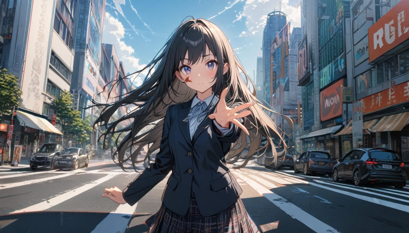 One girl, Black and long straight hair, Sharp Hair, ((Extending his right hand to the viewer)), Facial Contour, Recall, skirt, blazer, In the city, on the road, noon, bright, High resolution, Very delicate, Super detailed, 8K