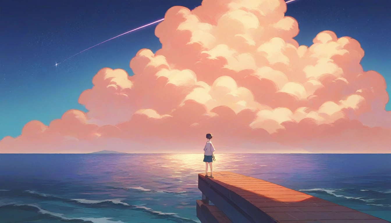 anime artwork masterpiece, sea view from an old rusty dock, clear night sky, great moonlight reflects from the sea shuimosuxiebysim . anime style, key visual, vibrant, studio anime,  highly detailed