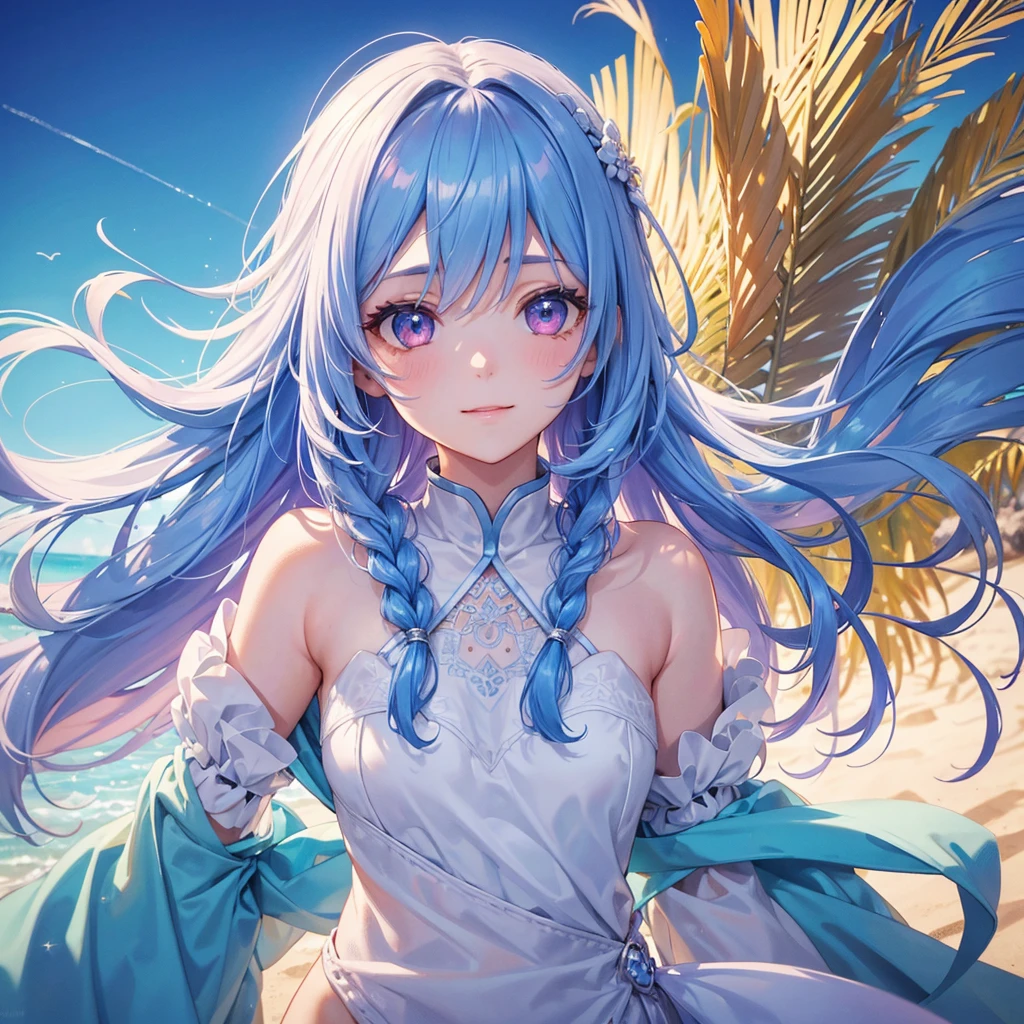 (Sky blue one braid hair),Magenta eyes,Fair skin ,(whole body),(One girl),比基尼,Sparkling white sand beach in midsummer,Ocean,happy smile,,(masterpiece, Highest quality, Very detailed, Best Shadow), (Detailed Background), (Beautifully detailed face), High Contrast, (Best lighting, Very delicate and beautiful), ((Cinematic Light)), colorful, Hyper Detail, Dramatic Light, Intricate details,