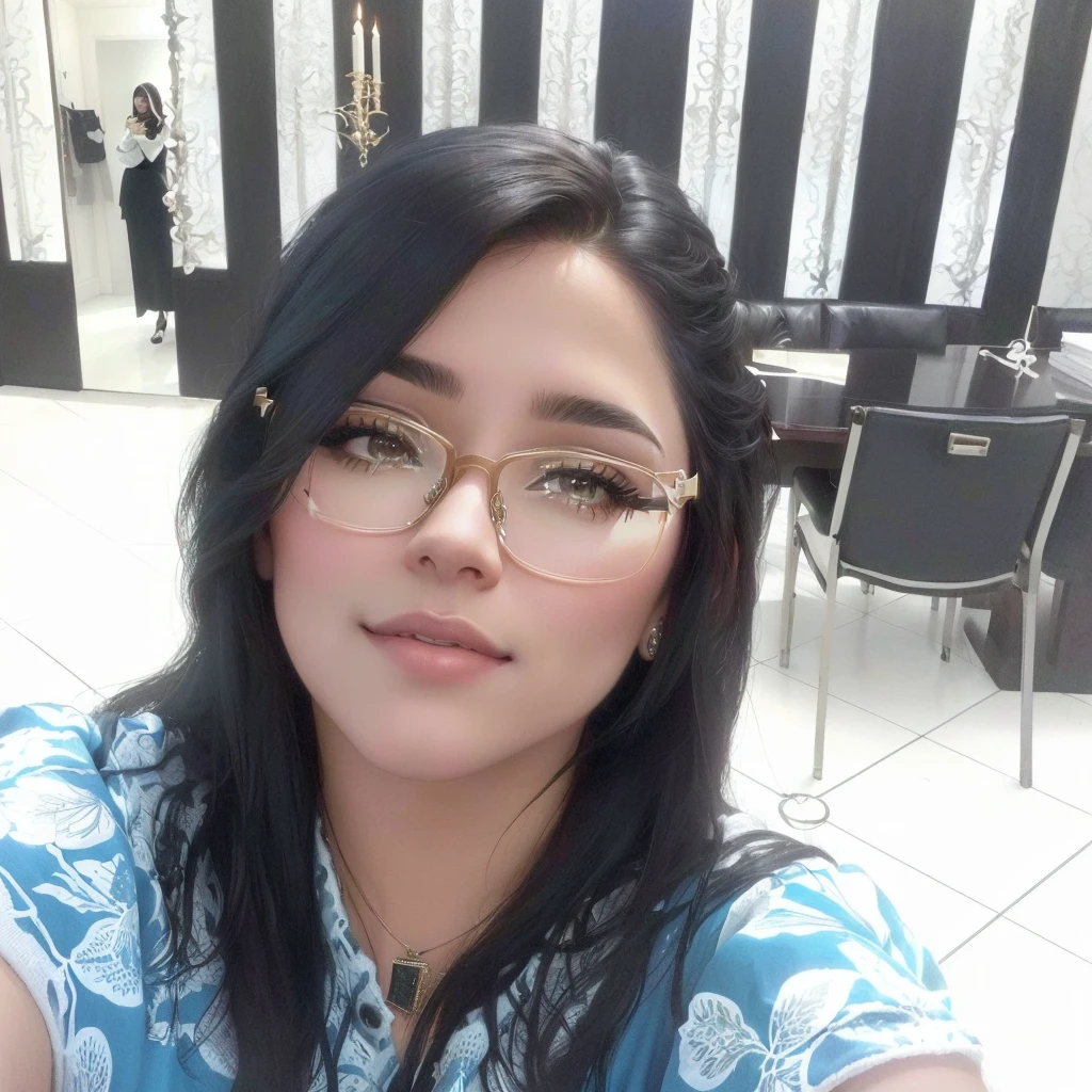 there is a woman with glasses taking a selfie in a living room, !!wearing modern glasses!!, Alanis Guillén, by Nándor Katona, looks like a Christmas fairy tale, fernanda suarez, lorena avarez, with glasses on, Big!!!!!! eyeglasses!!!, adriana dxim, with black eyeglasses, Farida Malik