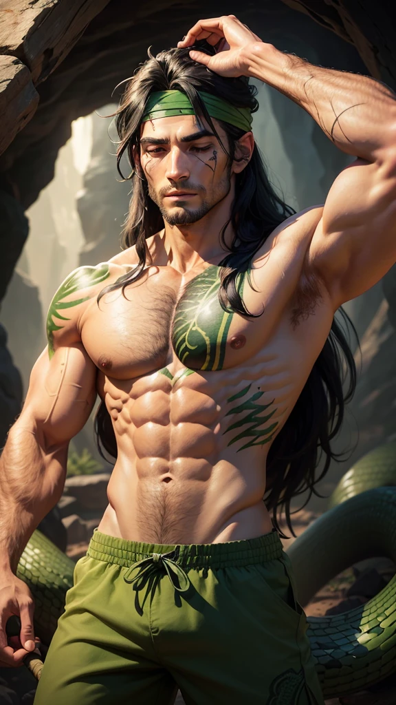 A man around 30 years old, medium height, long black hair, slightly messy, not tied, eyes closed, brown skin with scars on several parts of the body, athletic and muscular body, warrior clothes with a V pattern showing the chest, green color, scale motif green snake, trousers, headband, wooden stick. Background in the cave.