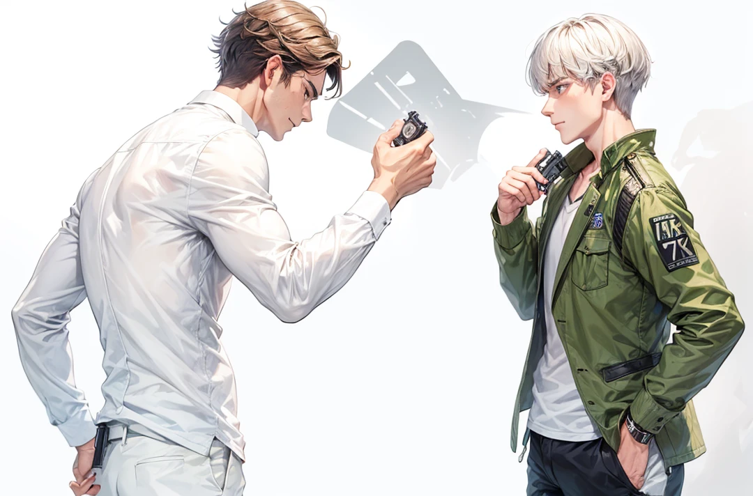 A man turns to his right and holds a Glock pistol in his right hand. 17 Turn to the other man. The man on the left is holding a gun. Turn to the man on the right.
