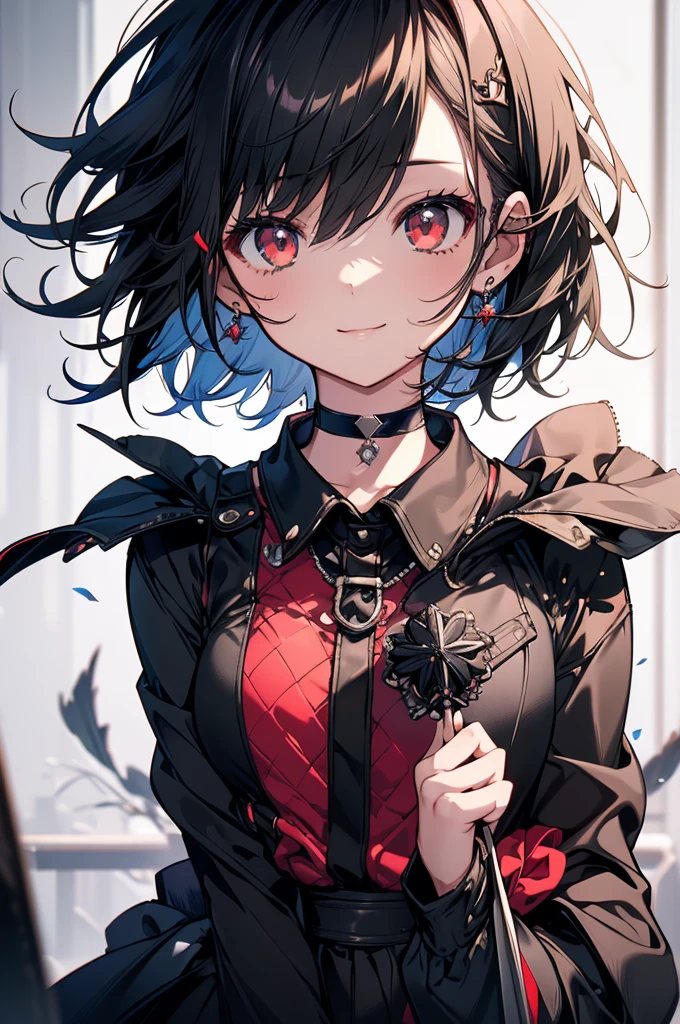 (masterpiece, highest quality, highest quality, (No text), Beautiful and aesthetic:1.2),No text,アニメ、BREAK,One Girl，Black Hair Girl　short hair　older sister　choker　Tree Eyes　Beautiful eyes　Red eyes　cool　smile　Red and Black　Black jacket　mini skirt　whole body　In town