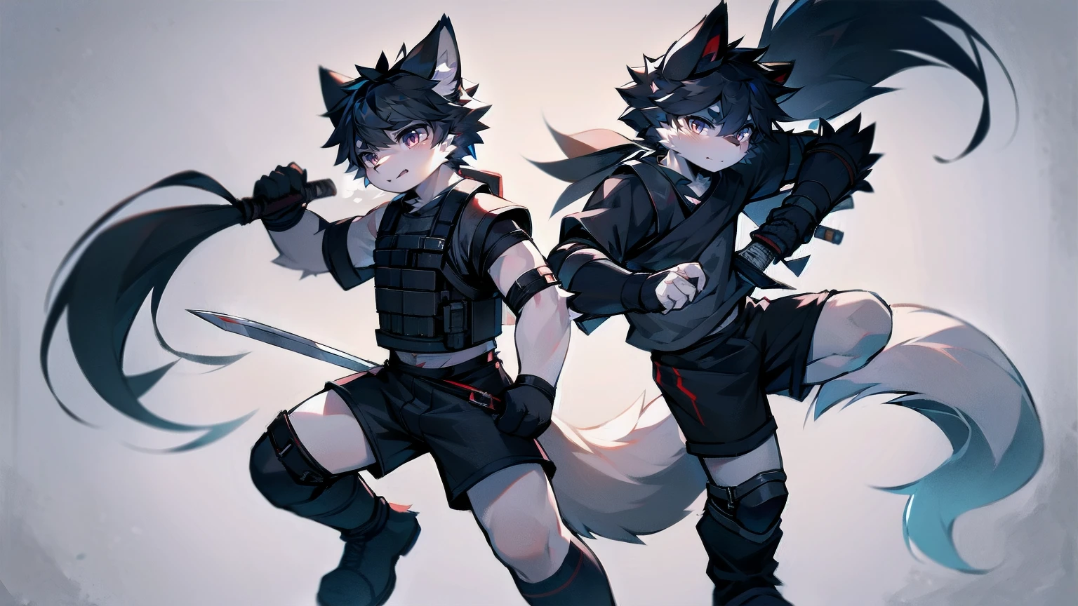 White Wolf,black hair,Red eyes,Wolf ears,Wolf Tail,juvenile,male,hairy,Hair,Half body armor,Combat uniform,Silver and black clothing,Handsome,Handsome,shorts,The forearm is exposed,leg,Fighting Stance,Duel,Two people,Anxious,Armed with a sword,Simple background,Swords