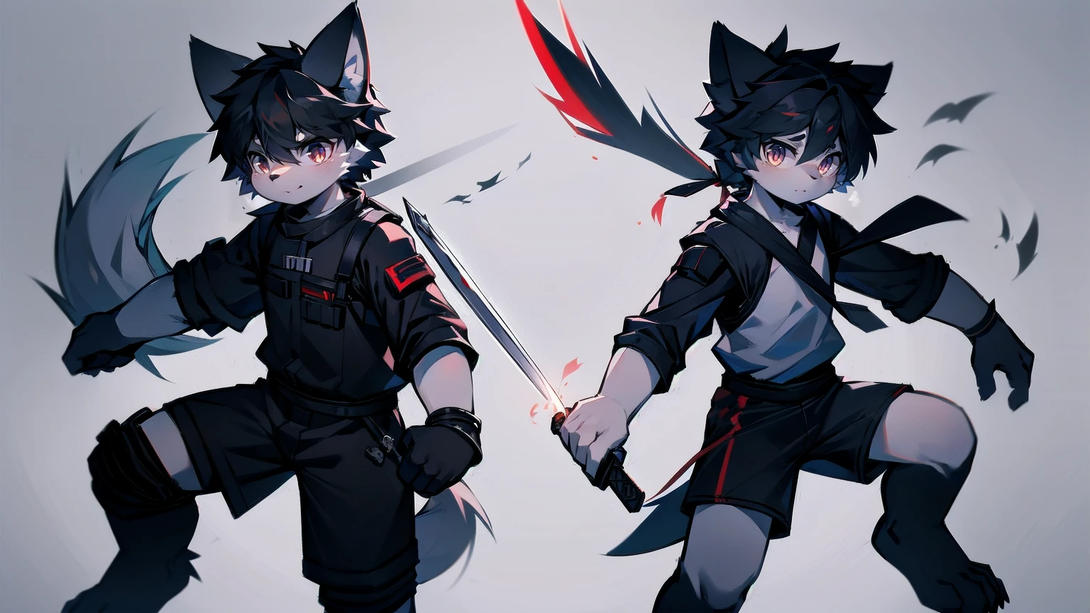 White Wolf,black hair,Red eyes,Wolf ears,Wolf Tail,juvenile,male,hairy,Hair,Half body armor,Combat uniform,Silver and black clothing,Handsome,Handsome,shorts,The forearm is exposed,leg,Fighting Stance,Duel,Two people,Anxious,Armed with a sword,Simple background,Swords