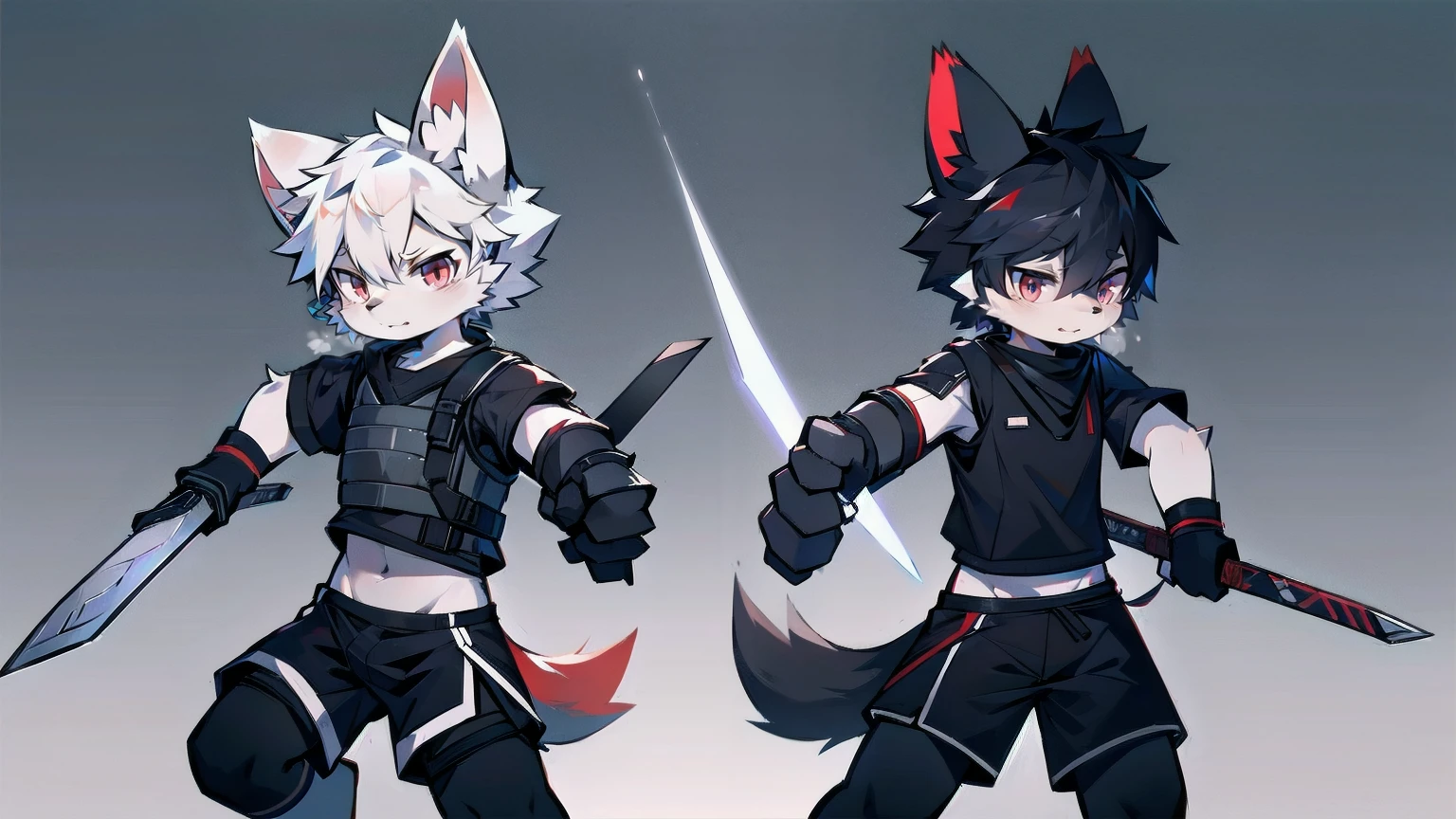White Wolf,black hair,Red eyes,Wolf ears,Wolf Tail,juvenile,male,hairy,Hair,Half body armor,Combat uniform,Silver and black clothing,Handsome,Handsome,shorts,The forearm is exposed,leg,Fighting Stance,Duel,Two people,Anxious,Armed with a sword,Simple background,Swords