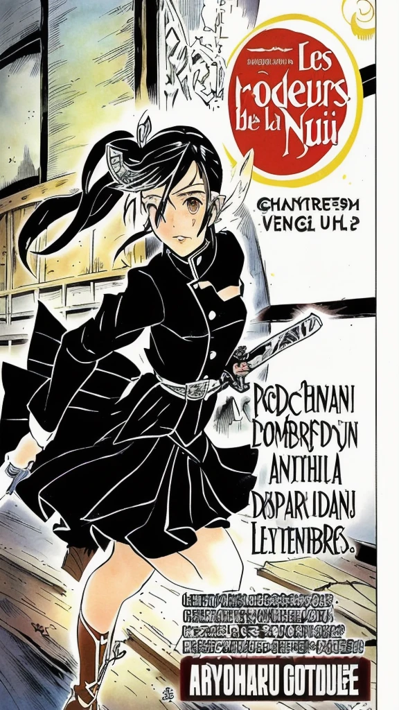 a close up of a cartoon of a girl holding a sword, noire, doujin, (french bande dessinée), cover manga, art nouveaux colored, manga scans, kimetsu no yaiba, manga front cover, full color manga cover, manga!!!, manga cover, french comic style, illustration!, french comic art, manga cover style