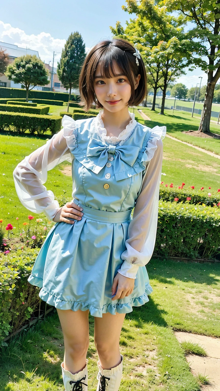 (8K、RAW Photos、Highest quality、masterpiece:1.2)、(Highest quality、Realistic)、1 Girl、((ribbon、Sweater Moon Costume、See-through、Frills、Big Breasts、Breast enlargement、smile、light blue、mini skirt、Thin legs、whole body、boots、garden、View from the front、Looking into the camera、Idol Costume、Stand with hands on hips))、cute