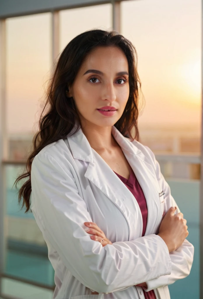 (nora fatehi) (woman),standing in a white lab coat standing with her arms crossed, cinematic, color grading, grain, grainy, beautiful, depth of field, portrait, minimalistic background, dynamic light, cold colors, nikon, 60mm, dynamic pose, texture, golden hour, sunset, imperfect skin, masterpiece, lab in background
 