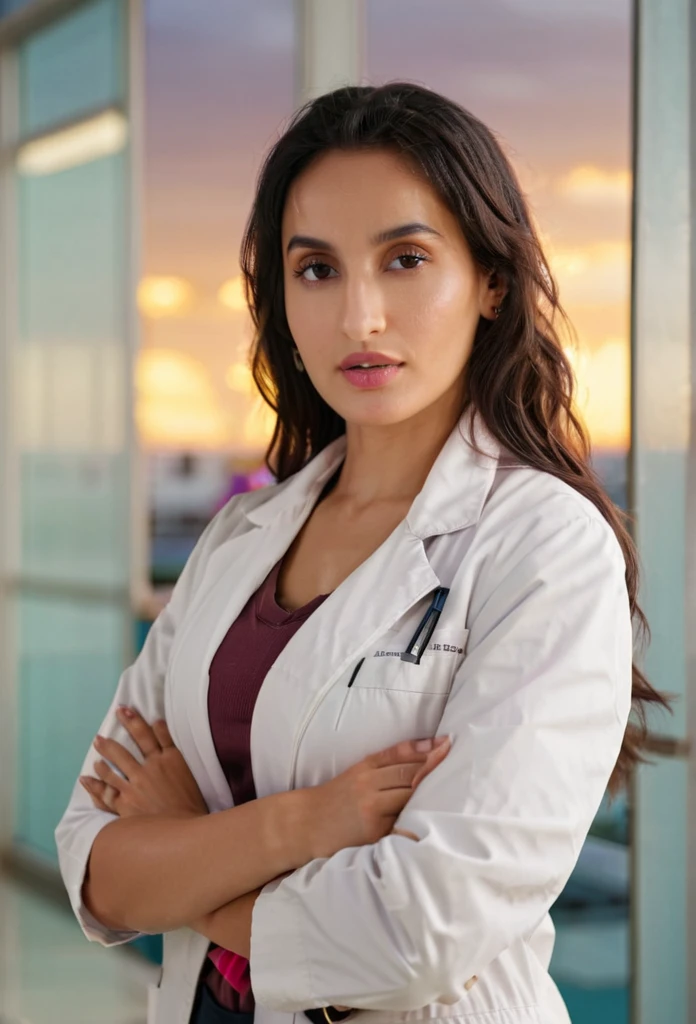 (nora fatehi) (woman),standing in a white lab coat standing with her arms crossed, cinematic, color grading, grain, grainy, beautiful, depth of field, portrait, minimalistic background, dynamic light, cold colors, nikon, 60mm, dynamic pose, texture, golden hour, sunset, imperfect skin, masterpiece, lab in background
 