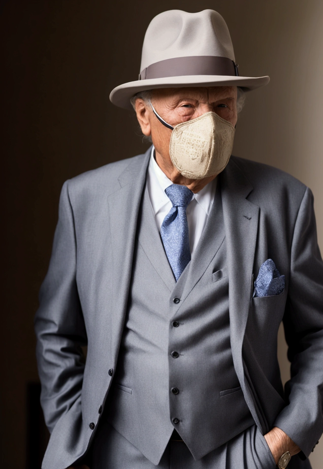 a rich old man in a suit, only upper body, with a fedora , full cool mask on his face 