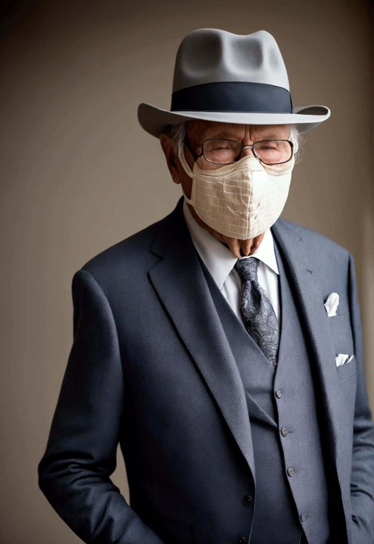 a rich old man in a suit, only upper body, with a fedora , full cool mask on his face