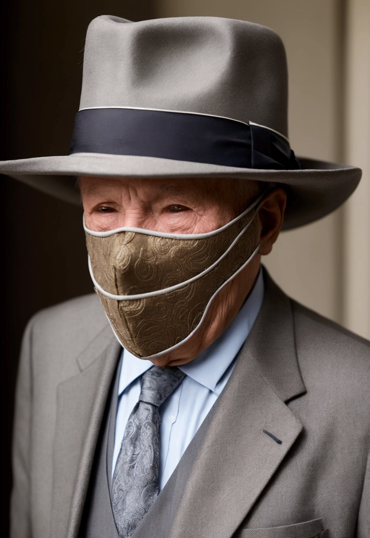 a rich old man in a suit, only upper body, with a fedora , full cool mask on his face