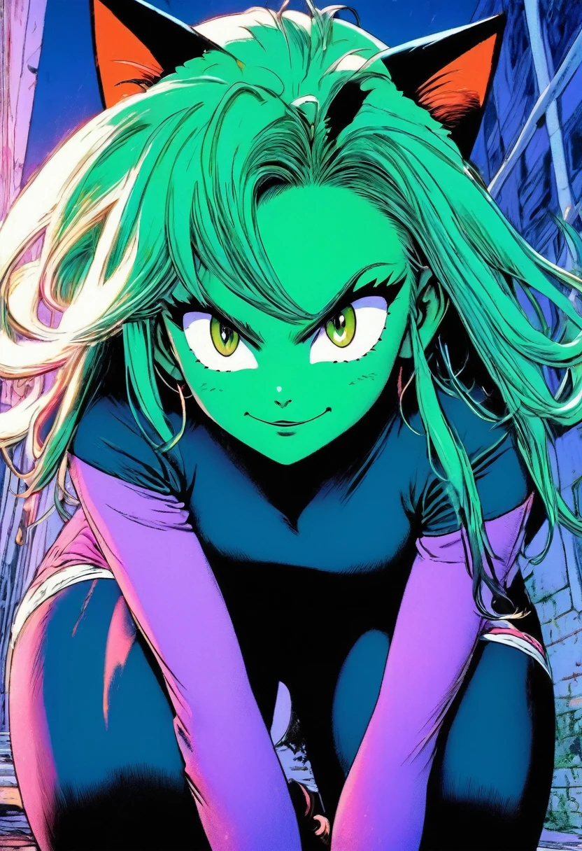Master piece,brst quality, best artist,retro art,90s anime,grainy photo,38mm photographs,soft,bezutiful,vivid colores,hand drawn,thick line art,retro feel,retro style,best anatomy, best hands,best face,best eyes,expressive eyes,manga style,classical,art by Akira Toriyama, 1girl,slender ,cat ears,straight long green hair,light green eyes, ,medium breasts,soft expression,smile,blush,serioes eyes,
BREAK
wearing a jacket, purple t-shirt, short shorts jeans, latex leggings,
sitting in a living room,detailed livingroom background,couch, front view ,arms extented aprat,looking at viewer,cowboy shot,volumetric light,studio lighting,lanse flare abuse,38 mm photograph.