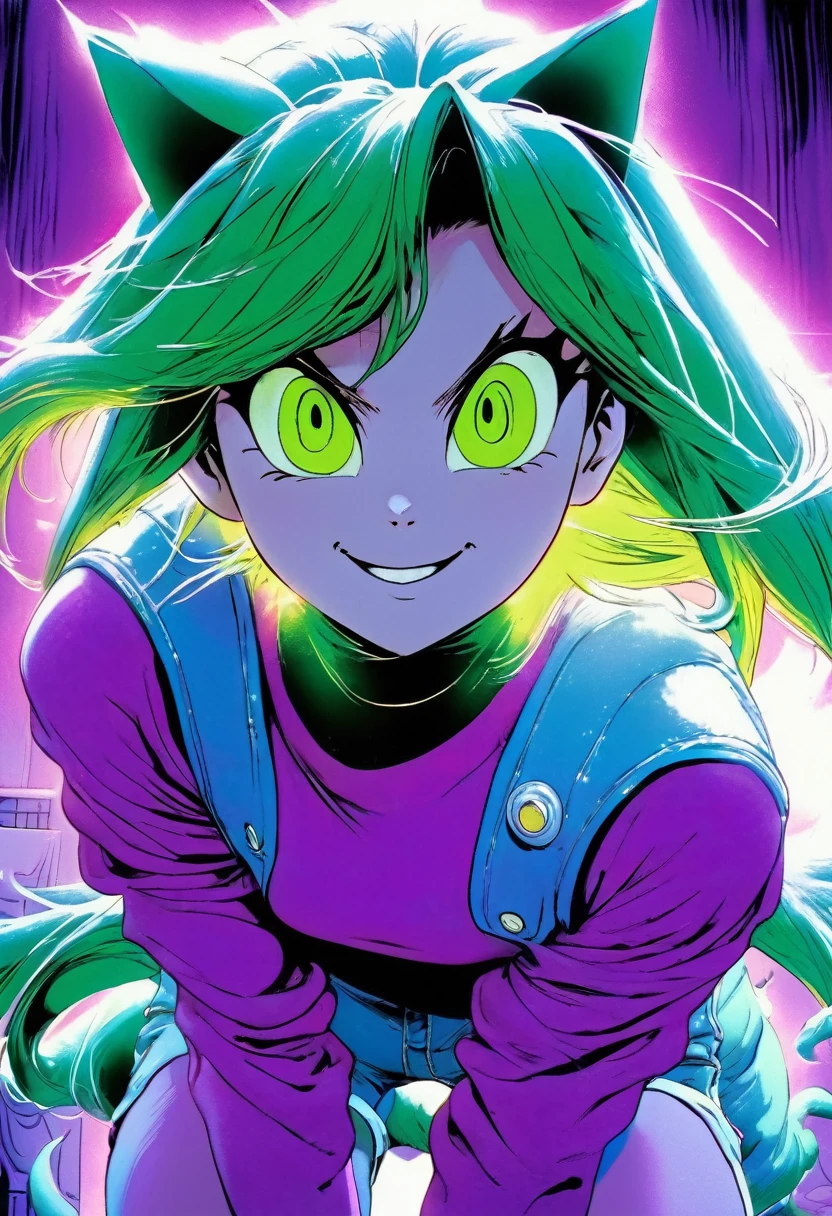 Gosip Ponkay, 1girll, the elf, pointy ears, Purple colored hair, purpleglowing eyes eyes, mad smile,Stick out her tongue,mouth drool, Contracted pupils, in the darkness nigth, Hide in the shadows,upperbody closeup