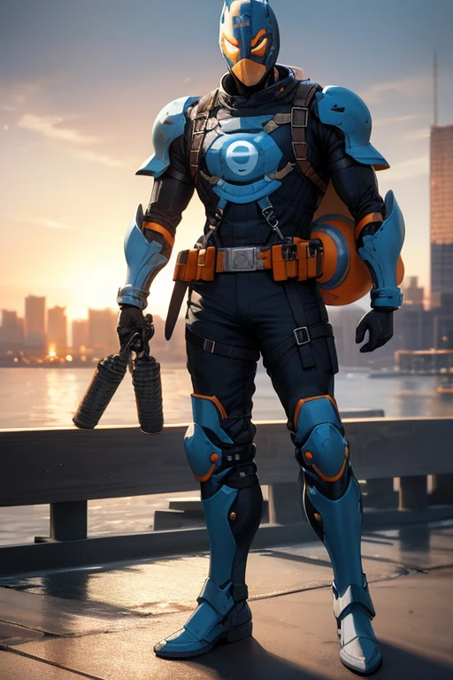 ((best quality)), ((masterpiece)), (detailed), 1 male, full body, 23 years old, masked, light blue construction helmet, smooth head, superhero mask, black collar, tall, thin, black gloves, orange grenades, orange grenades on chest harness belt, black chest harness belt, light blue wrist guards, water cannons on shoulders, light blue suit resembling light armor, light blue suit with an emblem, orange circular emblem on chest, orange emblem, light blue pants, gray knee pads, metallic light blue boots, black superhero belt, standing on a pier by the sea, city background, anime