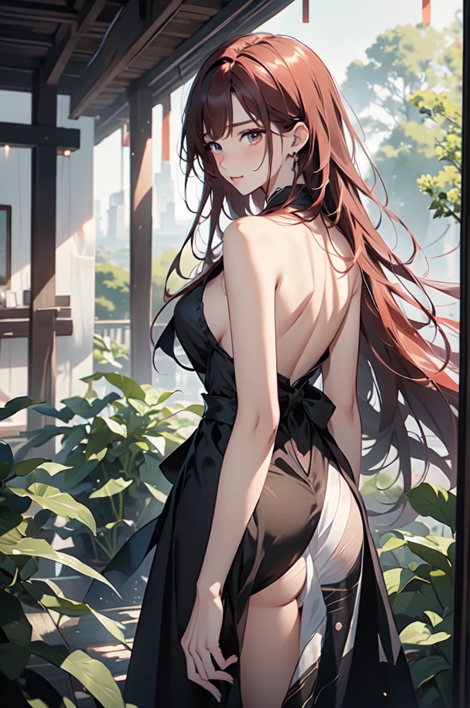 ((masterpiece、highest quality、Official Art、8k))、One Woman、28 years old、Attractive adult woman、(Red Hair)、Long Straight Hair、(Hair fluttering big in the wind)、Head to waist、From the side、Black backless maid outfit、White apron、Embarrassed、Dark Eyes、Big Eyes、Sparkling eyes、Large Bust、pastel colored trees々、Luxury Mansion、Warm atmosphere illustration、Backlight、