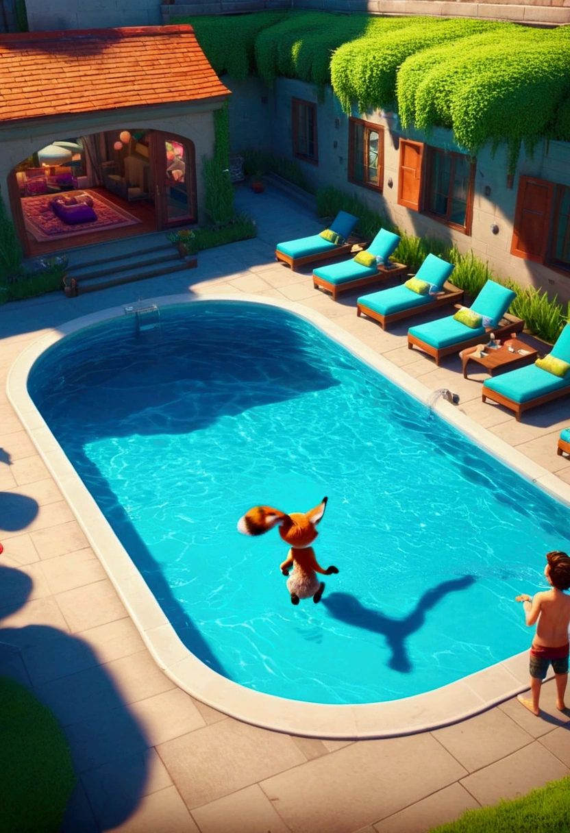 Pool parties, lively pool, playing water, by Zootopia, full body, best quality, masterpiece, very aesthetic, perfect composition, intricate details, ultra-detailed, vivid colors