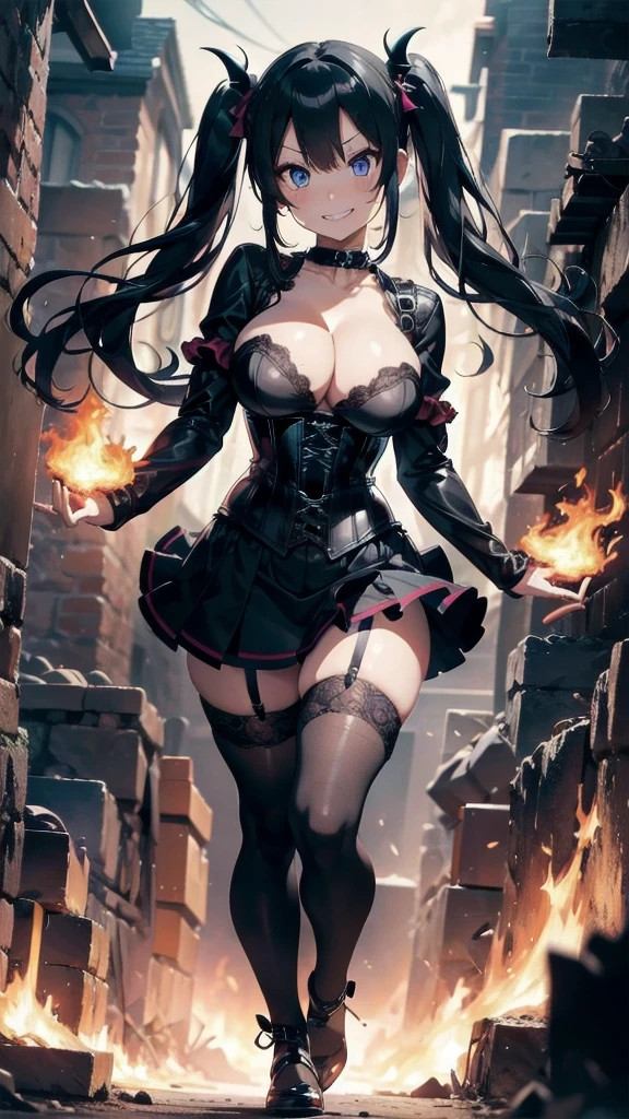 expressive eyes, perfect face, evil face, crazy smile, perfect hands, demonic deity, extra large , cleavage, shiny leather corset, fabric lace, choker, too much short tight skirt, stockings, long high twintails, incredible details, wallpaper art, full body art, solo, fire cave mine background,