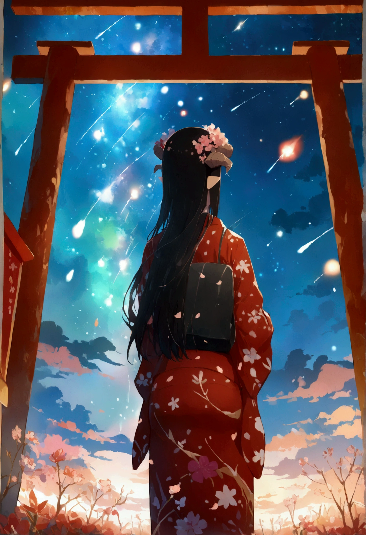 1 girl, distant girl wearing a kimono staring at the stele, (diminished:1.1), (meteor shower:1.2), (comet:1.1), Seu Nome, Low angle, from behind, aroura borealis, Shooting Star, yukata, red kimono, Cherry blossoms, standing in a field,best qualityer, work of art, nube,colorfully, starlit,stele,looking back,horns on head
