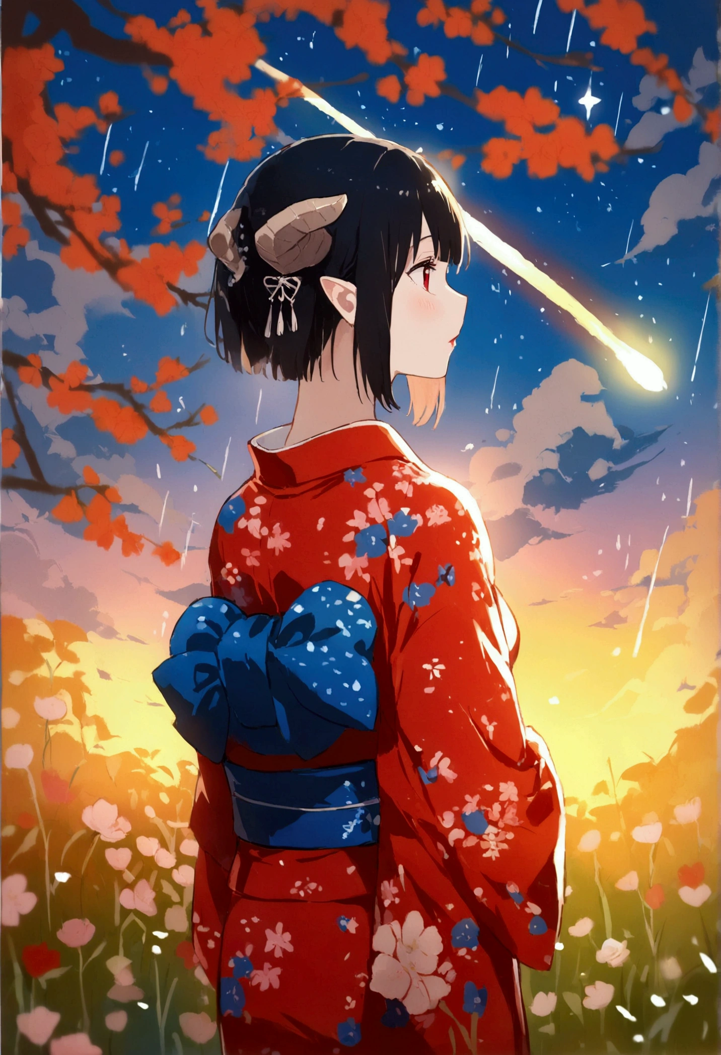 1 girl, distant girl wearing a kimono staring at the stele, (diminished:1.1), (meteor shower:1.2), (comet:1.1), Seu Nome, Low angle, from behind, aroura borealis, Shooting Star, yukata, red kimono, Cherry blossoms, standing in a field,best qualityer, work of art,  nube,colorfully, starlit,stele,looking back,horns on head