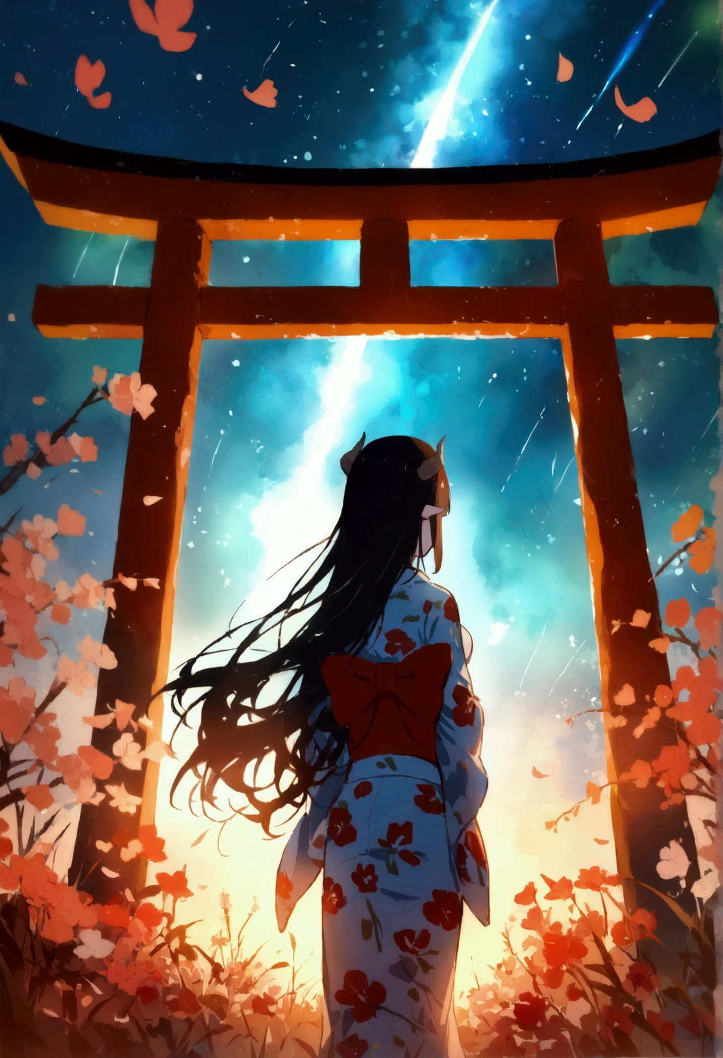 1 girl, distant girl wearing a kimono staring at the stele, (diminished:1.1), (meteor shower:1.2), (comet:1.1), Seu Nome, Low angle, from behind, aroura borealis, Shooting Star, yukata, red kimono, Cherry blossoms, standing in a field,best qualityer, work of art,  nube,colorfully, starlit,stele,looking back,horns on head