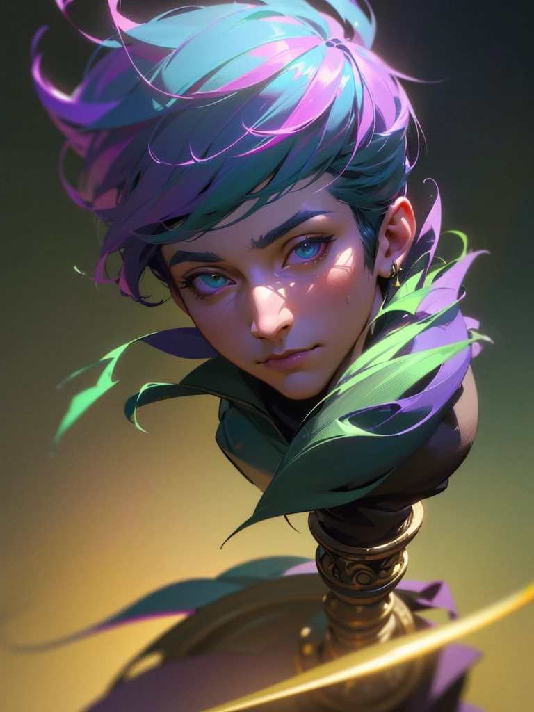 a male magician, gnome, green and purple colors, highly detailed face, detailed clothing, dramatic lighting, (best quality,4k,8k,highres,masterpiece:1.2),ultra-detailed,(realistic,photorealistic,photo-realistic:1.37),intricate details,cinematic lighting,dramatic shadows,fantasy portrait,character design