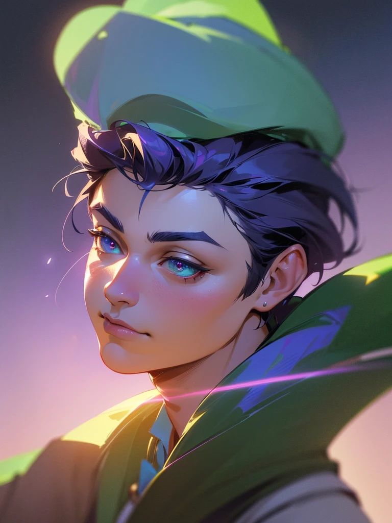 a male magician, gnome, green and purple colors, highly detailed face, detailed clothing, dramatic lighting, (best quality,4k,8k,highres,masterpiece:1.2),ultra-detailed,(realistic,photorealistic,photo-realistic:1.37),intricate details,cinematic lighting,dramatic shadows,fantasy portrait,character design