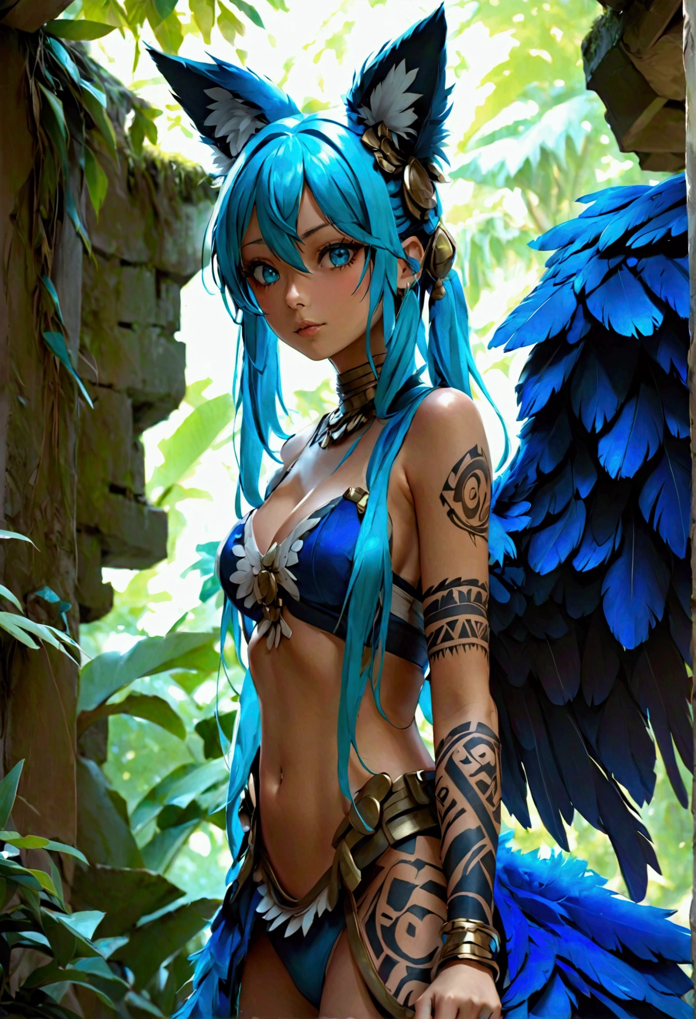 Miku Hatsune, add high definition add_detail:1, blue fur,kitsune ears, tribal tattoo add_detail:1, in ruins in the jungle, barefoot, tribal costume add_details:1, giant aquamarine feather wings_detailsl:1 ,alas hermosas la mejor calidad y detail en las plumas, add blue saturation light_detailsl, sensual pose