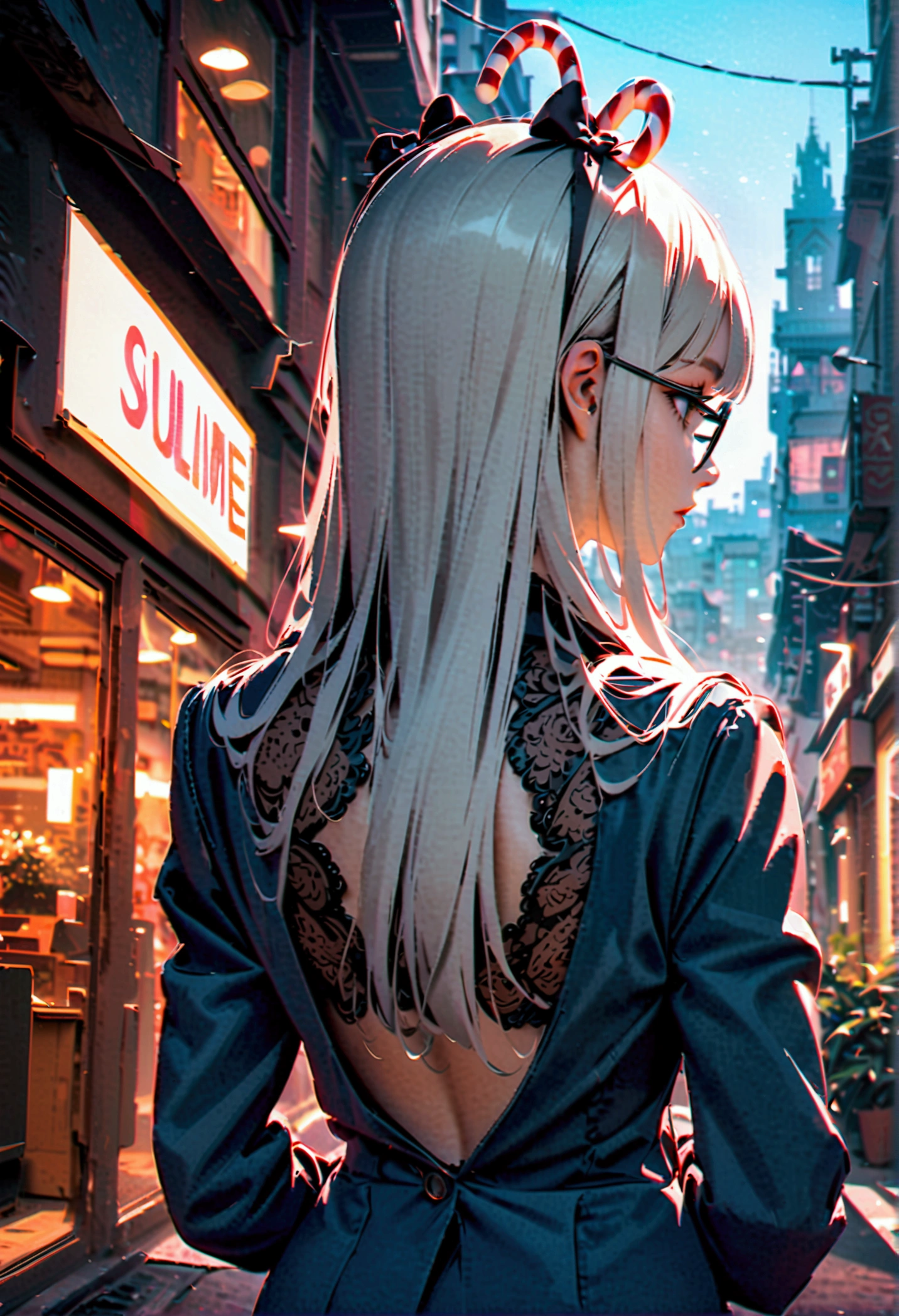 A white-haired woman with bangs, long hair, a black bow on her head, a blue suit, wearing round black glasses with candy canes, her back turned halfway in the middle of the city during the day.