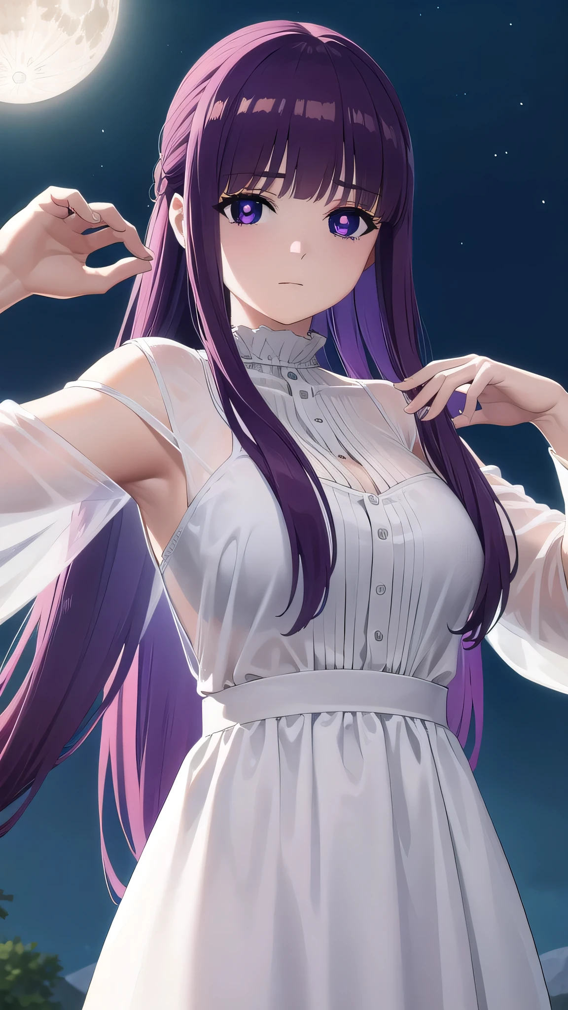 BREAK looking at viewer, BREAK (masterpiece:1.2), best quality, high resolution, unity 8k wallpaper, (illustration:0.8), (beautiful detailed eyes:1.6), extremely detailed face, perfect lighting, extremely detailed CG, (perfect hands, perfect anatomy)fern, long hair, bangs, (purple eyes:1.1), purple hair, sidelocks, blunt bangs, (bright pupils:1.5),castle,night,moon,starfall, half updo,
long sleeves, dress, white dress, long dress,wet dress, cleavege,neckline,nipples.