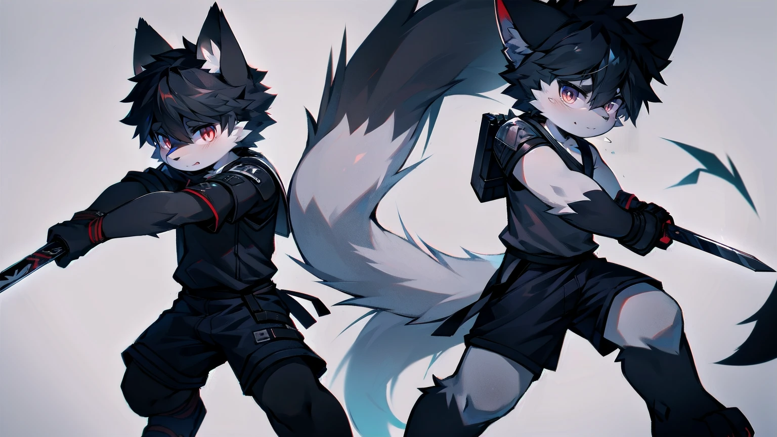 White Wolf,black hair,Red eyes,Wolf ears,Wolf Tail,juvenile,male,hairy,Hair,Half body armor,Combat uniform,Silver and black clothing,Handsome,Handsome,shorts,The forearm is exposed,leg,Fighting Stance,Duel,Two people,Anxious,Armed with a sword,Simple background,Swords