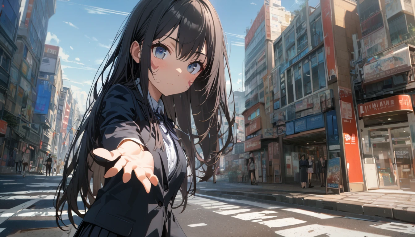One girl, Black and long straight hair, Sharp Hair, ((Extending his right hand to the viewer)), Facial Contour, Recall, skirt, blazer, In the city, On the sidewalk, noon, bright, High resolution, Very delicate, Super detailed, 8K