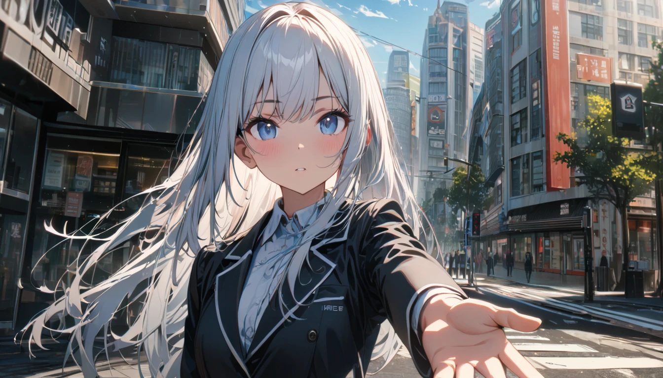 One girl, Black and long straight hair, Sharp Hair, ((Extending his right hand to the viewer)), Facial Contour, Recall, skirt, blazer, In the city, On the sidewalk, noon, bright, High resolution, Very delicate, Super detailed, 8K