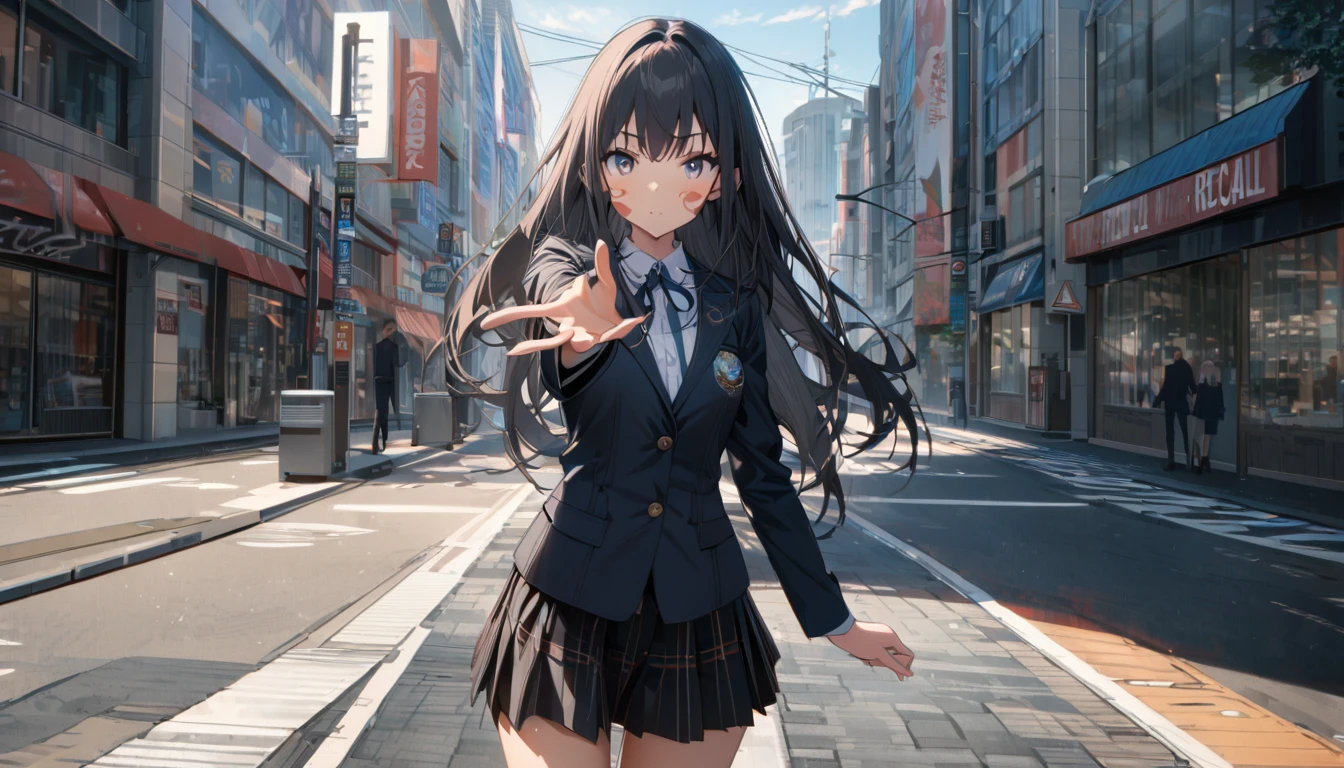 One girl, Black and long straight hair, Sharp Hair, ((Extending his right hand to the viewer)), Facial Contour, Recall, skirt, blazer, In the city, On the sidewalk, noon, bright, High resolution, Very delicate, Super detailed, 8K