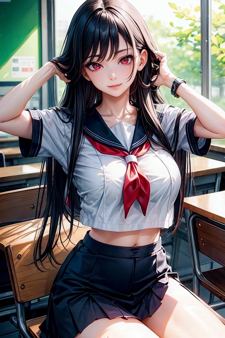 woman, sexy woman, mature female, mommy, black hair, red eyes, detailed eyes, detailed lips, big breasts, short sleeves sailor uniform, sit with crossed legs, classroom, evil smiling, seductive lips, adjusting hair, skirt, hunter eyes, look from below, licking lips, slighty midriff, tattoo