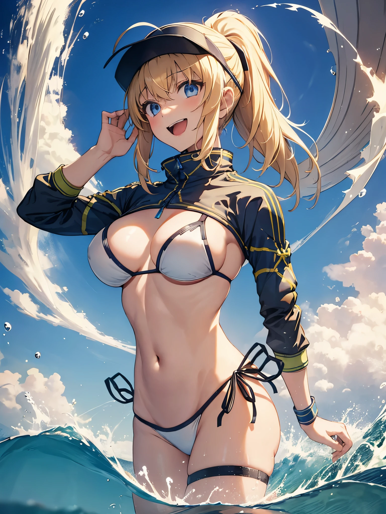 masterpiece,(ultra-detailed),1girl, mysterious heroine xx \(fate\), half_eyes,smile,open mouth, swimsuit, white bikini, side-tie bikini bottom, shrug \(clothing\), jacket,  thigh strap, wristband,  large_breasts, ocean, splashing,blonde_ponytail,open_legs,cap,happiness,dynamic_jumping