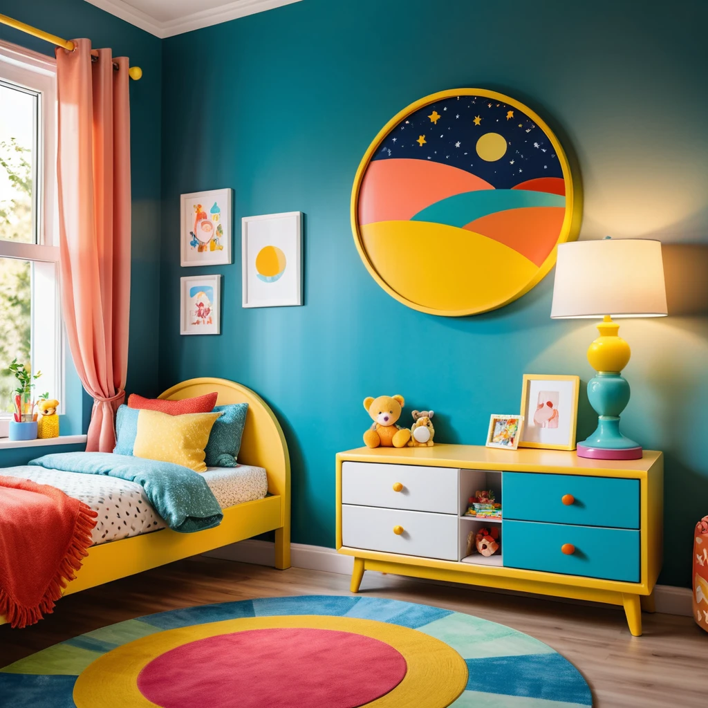 a photo inside of childrens room, a picture in a round frame on a colorful nightstand, ultrawidewide lens