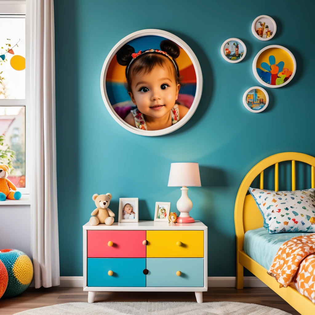 a photo inside of childrens room, a picture in a round frame on a colorful nightstand, ultrawidewide lens